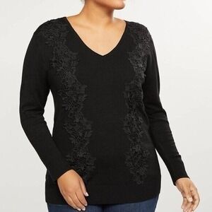 New Lane Bryant Blouse Top Womens 14/16 Black Floral Embroidered Boho Lagenlook‎